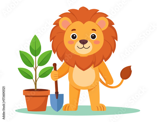 Cute Cartoon Lion Gardening Vector Illustration