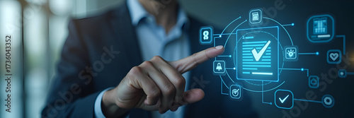 A businessman touching a digital document approval icon, reflecting the concept of quality control in business with sufficient copy space for textual elements.