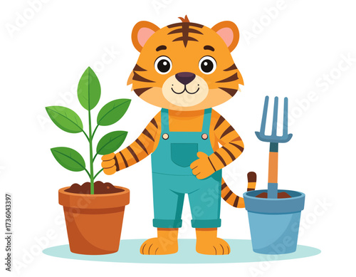 Cute Cartoon Tiger Gardening Vector Illustration