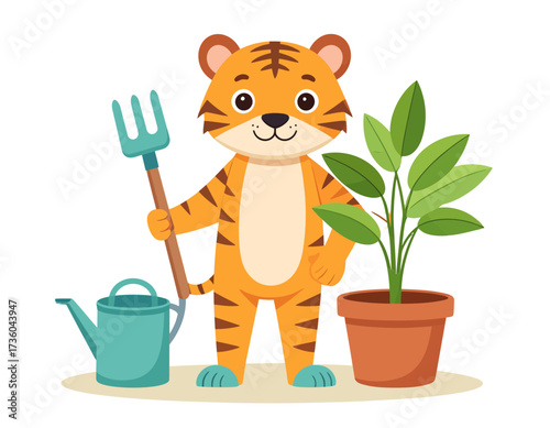 Cute Cartoon Tiger Gardening Vector Illustration