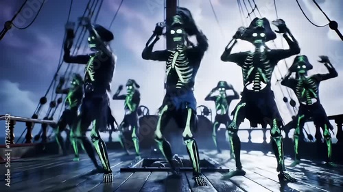 Crew of Skeleton Pirates with Glowing Green Bones Dancing on a Ship Deck