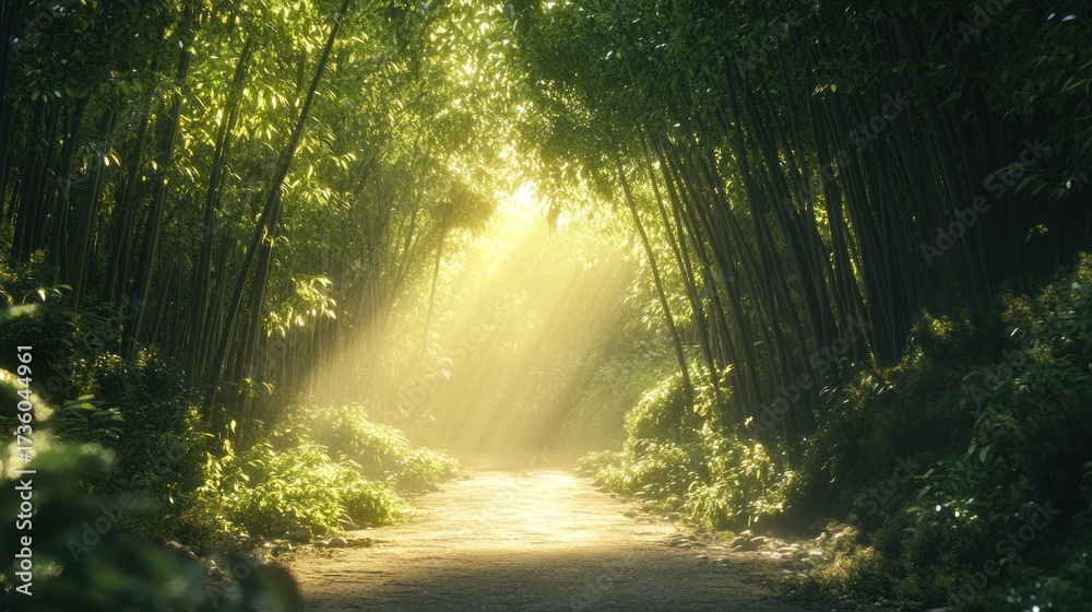 Fototapeta premium Sunlight streams through a lush bamboo forest path