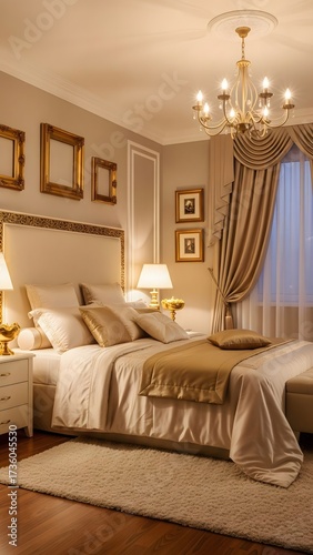 A beautifully arranged bedroom featuring a plush bed with golden accents, soft lighting, and elegant curtains. The warm tones create a peaceful and inviting atmosphere for relaxation