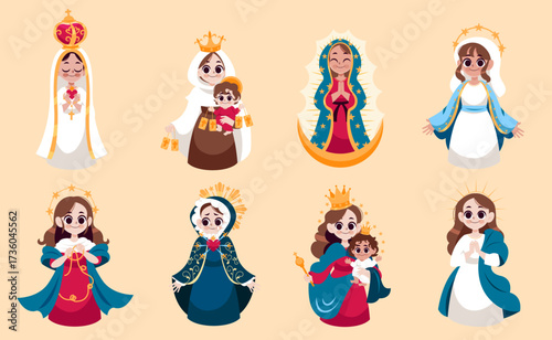 Original Set of Virgin Mary Illustrations in Different Religious Representations