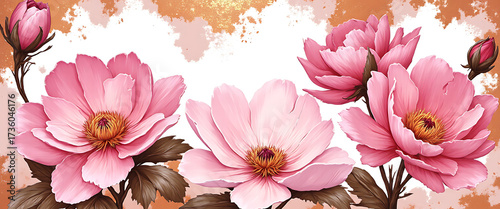 Luxury floral wallpaper featuring 3D embossed blossoms with gold, silver, and marble textures, elegant botanical mural in rich colors, abstract illustration for art prints, 4K background design