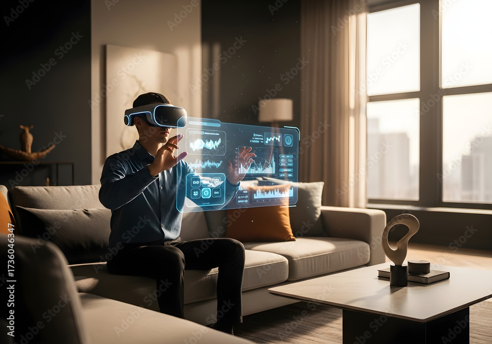 Fototapeta premium Man using virtual reality headset analyzing data, futuristic interface in modern living room.