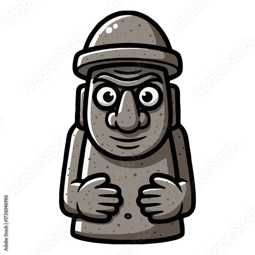 Cartoon stone statue with grumpy face and hat