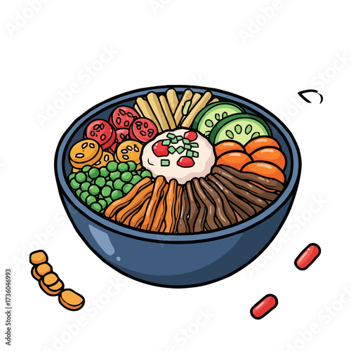 Colorful korean bibimbap dish in bowl with various ingredients