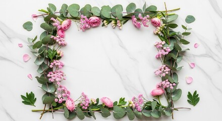 A rectangular frame composed of pink flowers green eucalyptus and small green leaves all arranged on a white marble surface with scattered pink petals