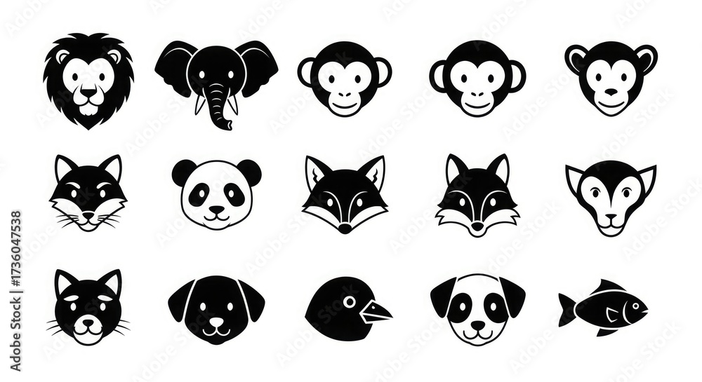 Obraz premium Animal faces vector illustration lion elephant monkey fox panda dog cat bird fish wildlife zoo cartoon cute
