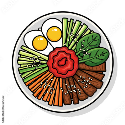 Vibrant and colorful topdown view korean bibimbap bowl, featuring rice, vegetables, meat, and fried egg, isolated on transparent
