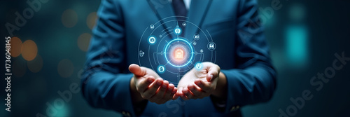 A captivating image featuring a hand presenting a glowing AI interface surrounded by various holographic data icons, allowing space for informational content. Highlight technology and innovation.