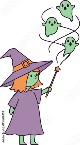 Cute Witch with Green Skin Casting Spell on Swirling Ghosts with Magic Wand