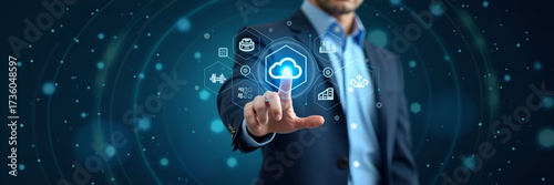 Businessman interacting with holographic SAP system interface displaying SAP Application Products business process automation AI integration cloud computing icons symbolizing modern enterprise solutio