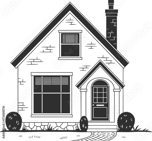 Detailed Black and White Vector Illustration of a Charming Cottage House Exterior, Residential Architecture Drawing with Chimney, Shrubs, and Path