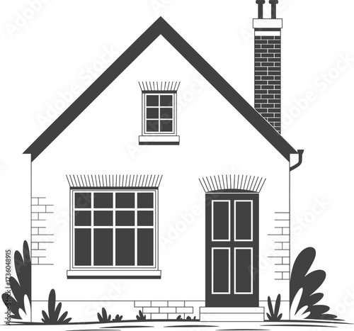 Detailed Black and White Vector Illustration of a Classic Suburban House Exterior, Residential Building Architecture Drawing with Brick Chimney and Windows