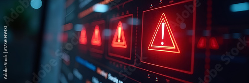Red flashing warning icons displayed on a computer screen, integrated with holographic effects and ample copy space to accentuate the urgency around critical alerts in various scenarios.
