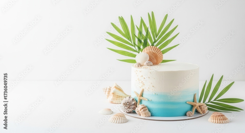 Fototapeta premium A white and blue ombre cake decorated with seashells starfish and palm leaves on a bright white background
