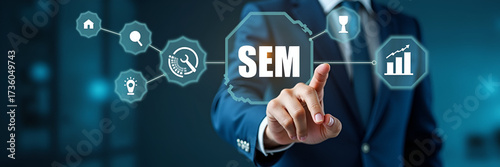 Businessman points to SEM icons on digital interface representing search engine marketing SEO strategies and online advertising rankings. concept as Businessman points to SEM icons on digital interfac