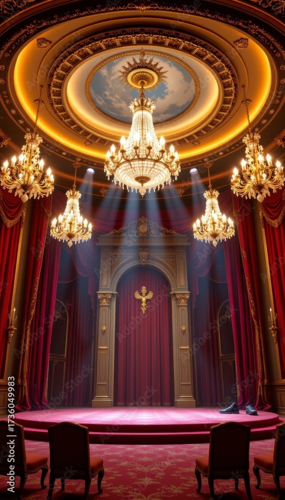 Obraz premium Elegant theater stage with red curtains and chandeliers creating dramatic ambiance for performance or event presentation