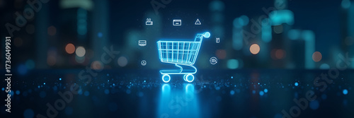 Digital shopping cart icon illuminated and surrounded by various payment options, effectively demonstrating the shopping cart checkout process while utilizing ample copy space for promotional messages