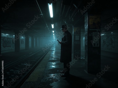 Shadowy figure in a trench coat checks his device on a mysterious, fog-filled subway platform