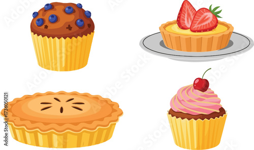 Bakery desserts vector illustration featuring cupcake pie and tart