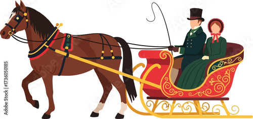 Horse drawn carriage vector illustration vintage winter scene art