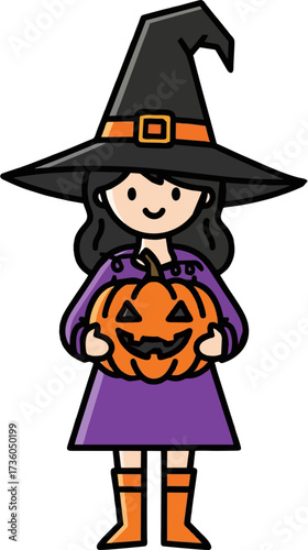 Happy Child in Purple Witch Costume Carrying Carved Pumpkin