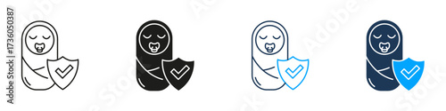 Baby With Shield Line And Solid Icon Set. Infant Safety, Protection, And Security Assurance Symbol Collection. Childcare And Parental Guidance. Isolated Vector Illustration