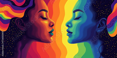 Woman closes her eyes in peace against vibrant pride colors background, embracing self-acceptance, LGBT pride, facing self, inner peace, self love, diversity, inclusion
