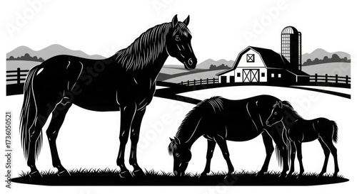 Black horse farm animal silhouette vector illustration with barn and foal in rural landscape scene design