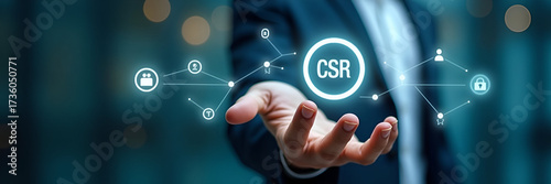 Person presents CSR icons on digital interface representing corporate social responsibility sustainability ethics community and environmental concerns in business. concept as Person presents CSR icons