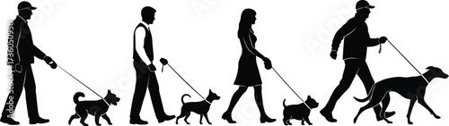 Dog walking service people walking dogs silhouette vector graphic
