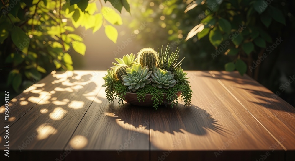 Obraz premium A wooden slatted table holds a central bowl with an arrangement of succulents and cacti Dappled sunlight filters through green foliage casting shadows on the table