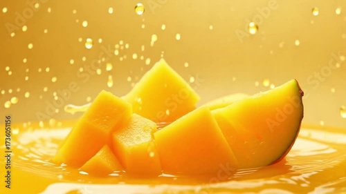 Refreshing mango juice pouring creating dynamic splash, perfect for healthy lifestyle ads and vibrant summer promotions, a tropical fruit explosion