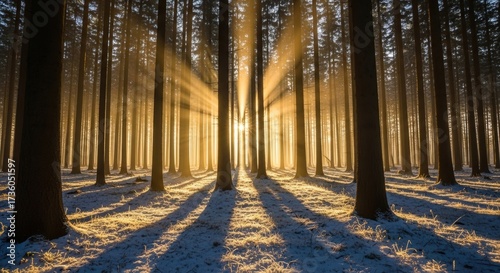Sunlight Filtering Through Tall Coniferous Forest Trees During Winter