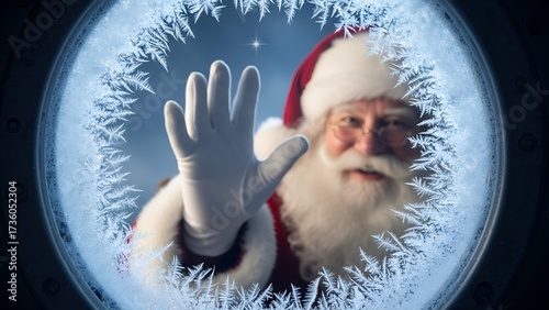 Santa Claus waves from behind a frosted window, creating a festive and magical holiday scene.