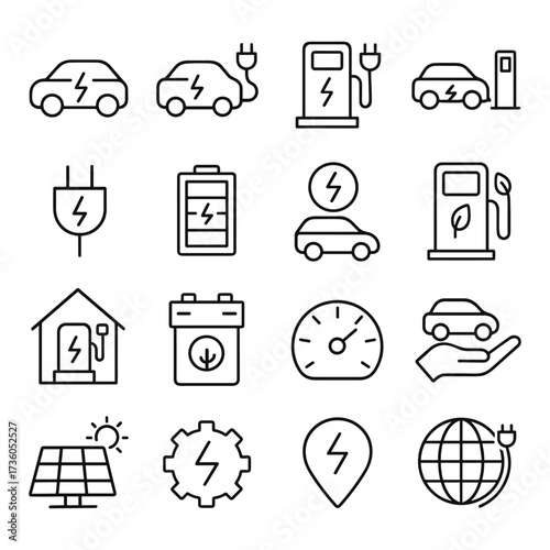 Green electric car icons collection. Outline symbols. Line design