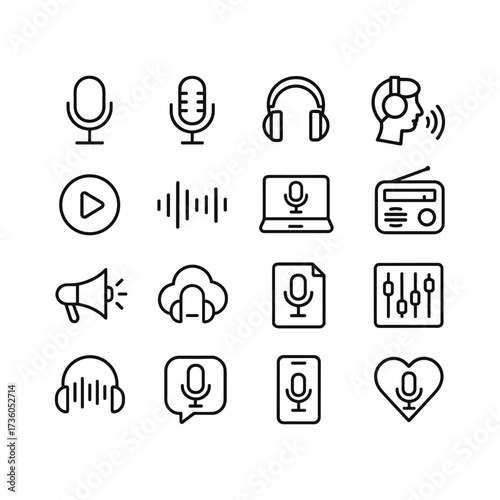 Audio podcast recording icons. Outline symbols. Line design