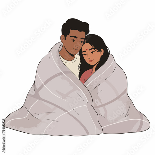 Whimsical Handdrawn Couple Sharing Warm Blanket Together Illustration Design