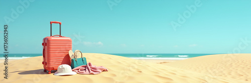 A suitcase and travel accessories arranged stylishly on golden sand, with a clear blue sky as a backdrop, emphasizing vacation bliss and leaving ample room for copy space.