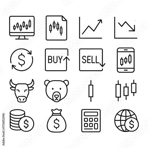 Professional stock market icons set. Outline symbols. Line design