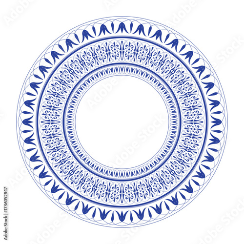 Blue Round plate with floral design. Oval floral european pattern frame arabesque. Vintage, ethnic frame with greek pattern. Pattern frame for round surface, textile, embroidery, ceramic, porcelain
