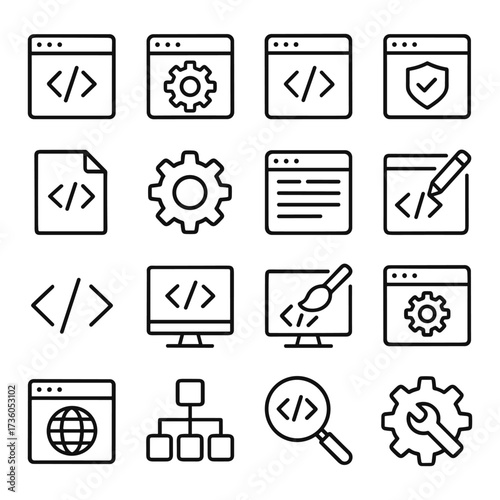 Web development and programming icons. Outline symbols. Line design