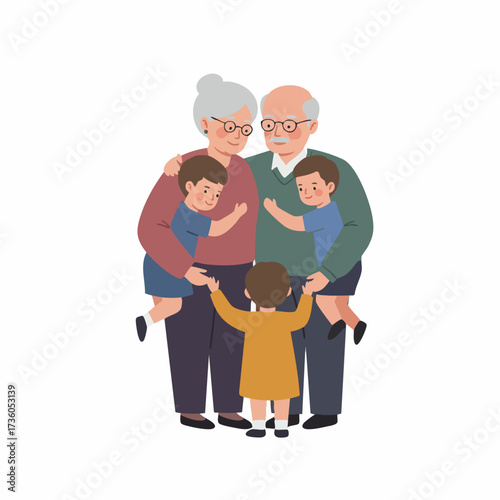 Flat Illustration of Grandparents with Grandchildren Embracing, a Warm Family Portrait