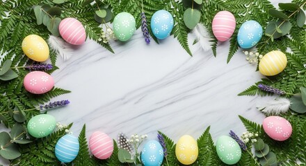 Colorful decorated eggs fresh green fern leaves eucalyptus lavender sprigs and white feathers are arranged on a white marble surface framing an empty central space