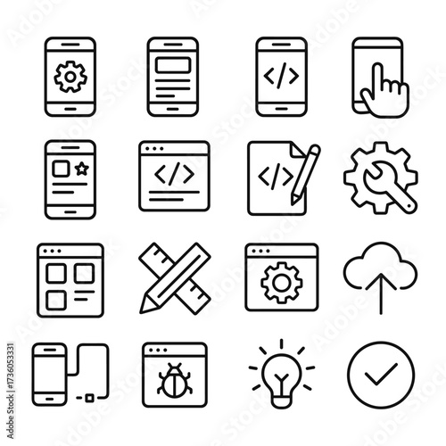 Software development tools icons. Outline symbols. Line design