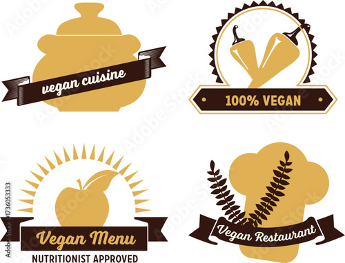 Set of 4 Vegan Badges. Collection of vector illustrations that read vegan cuisine, 100% vegan, vegan menu, nutritionist approved and vegan restaurant.