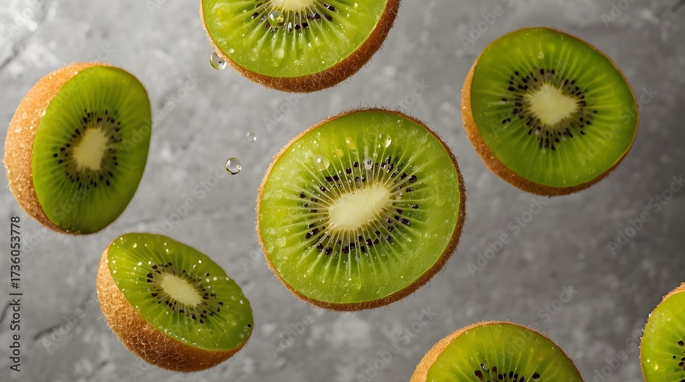 Fototapeta premium Sliced Kiwi Hovering With Water Droplets